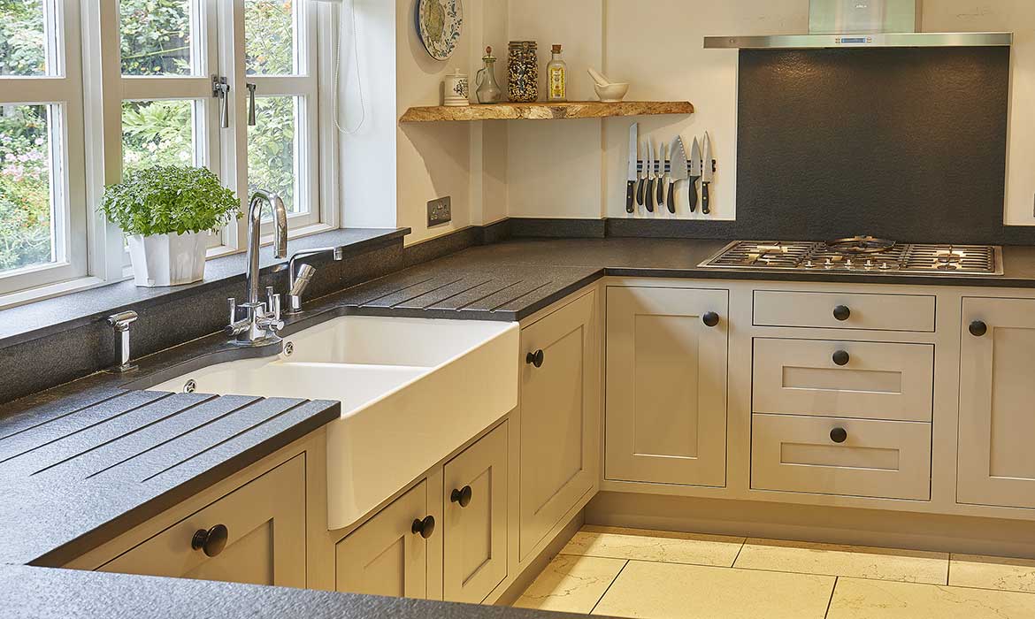 Large black natural stone kitchen work surface