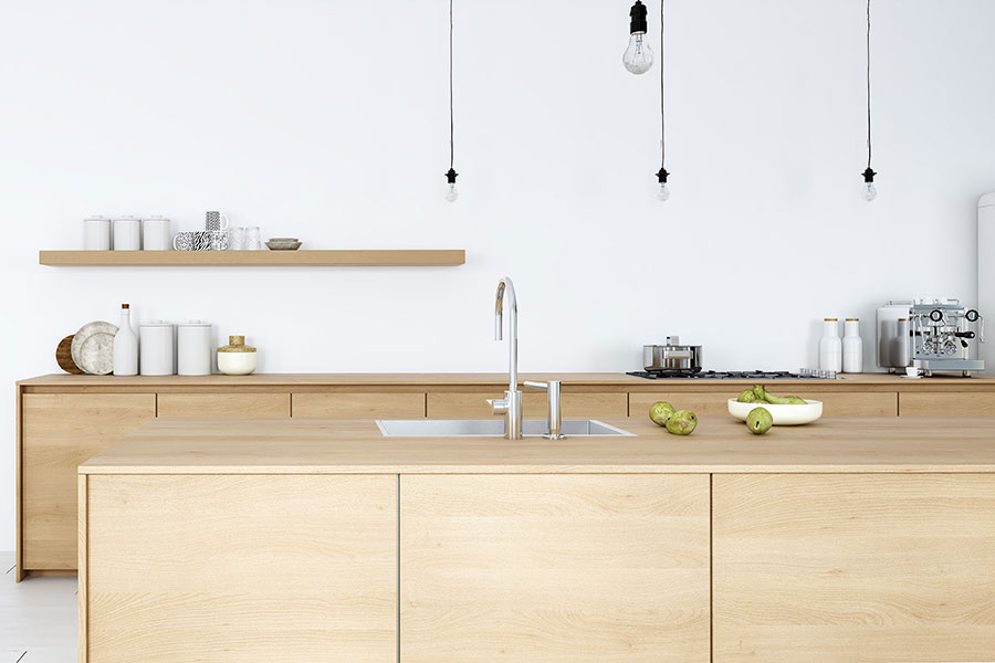 Modern kitchen design with Skandi style natural wood cabinets